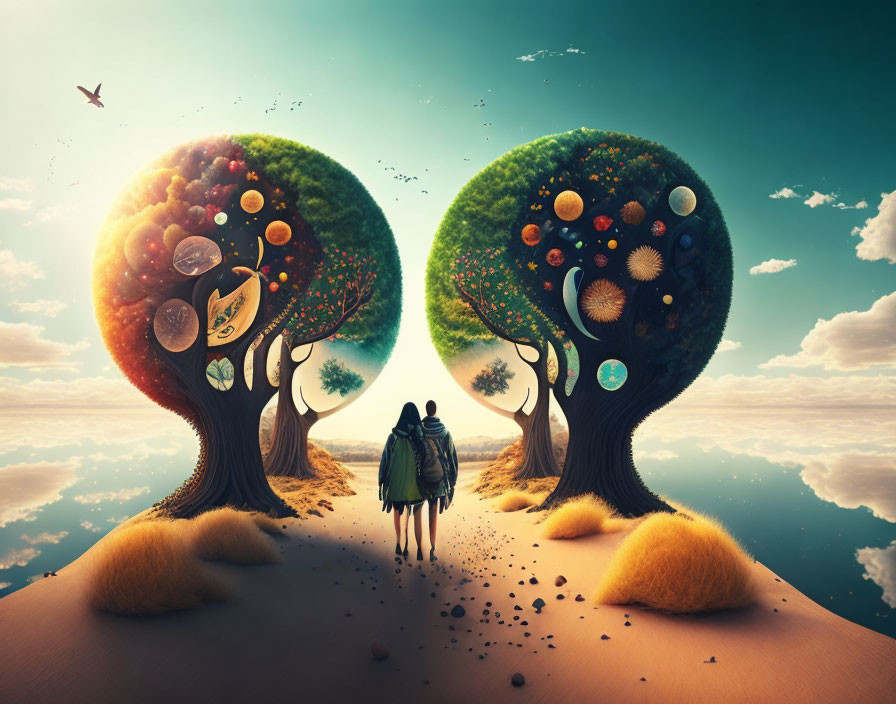 Fantastical Trees with Celestial Bodies in Surreal Dusk Sky