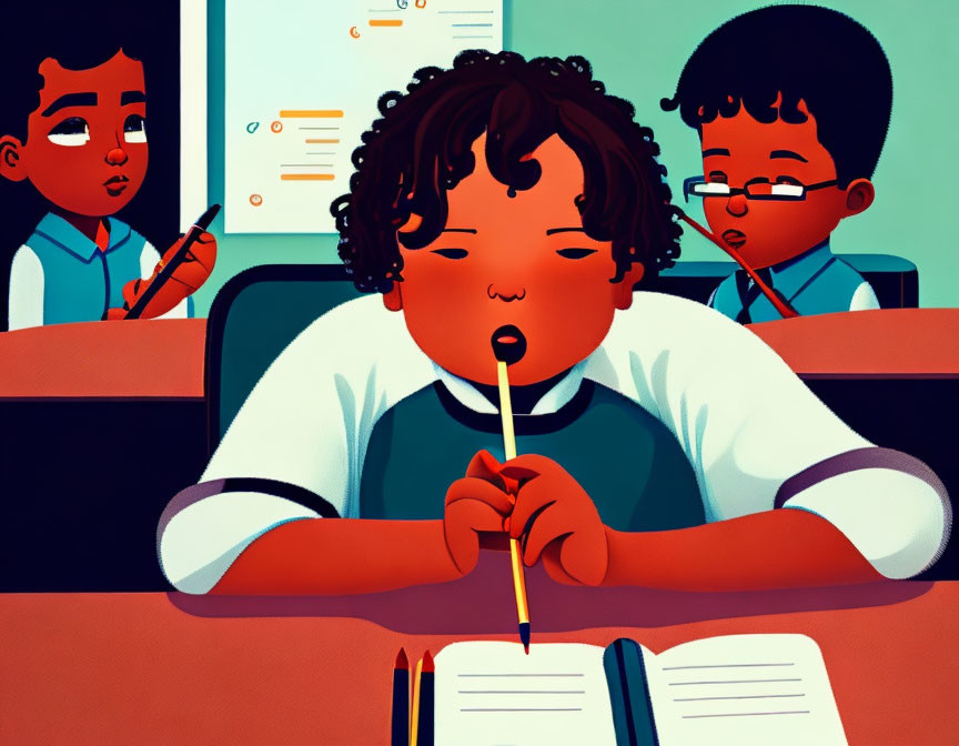 Illustration of bored student daydreaming at desk with classmates in background