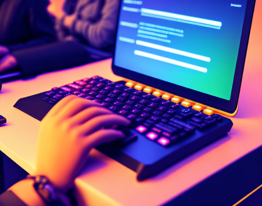 Close-up of hands typing on backlit keyboard in dimly lit room