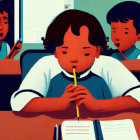 Illustration of bored student daydreaming at desk with classmates in background