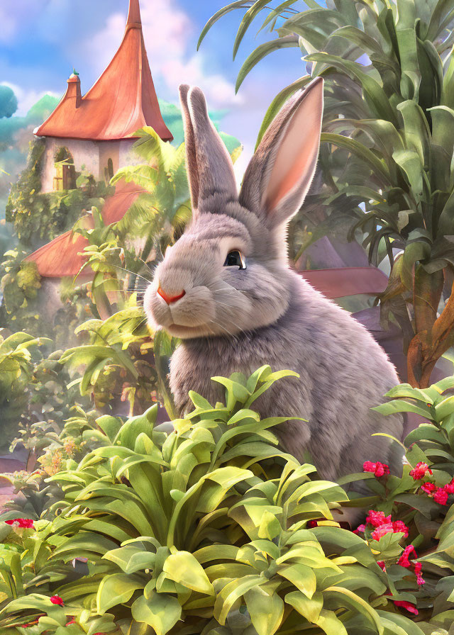 Illustration of large rabbit in lush garden with cottage