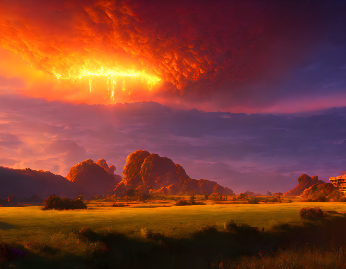 Vivid sunset landscape with fiery clouds, radiant sky, and tranquil field