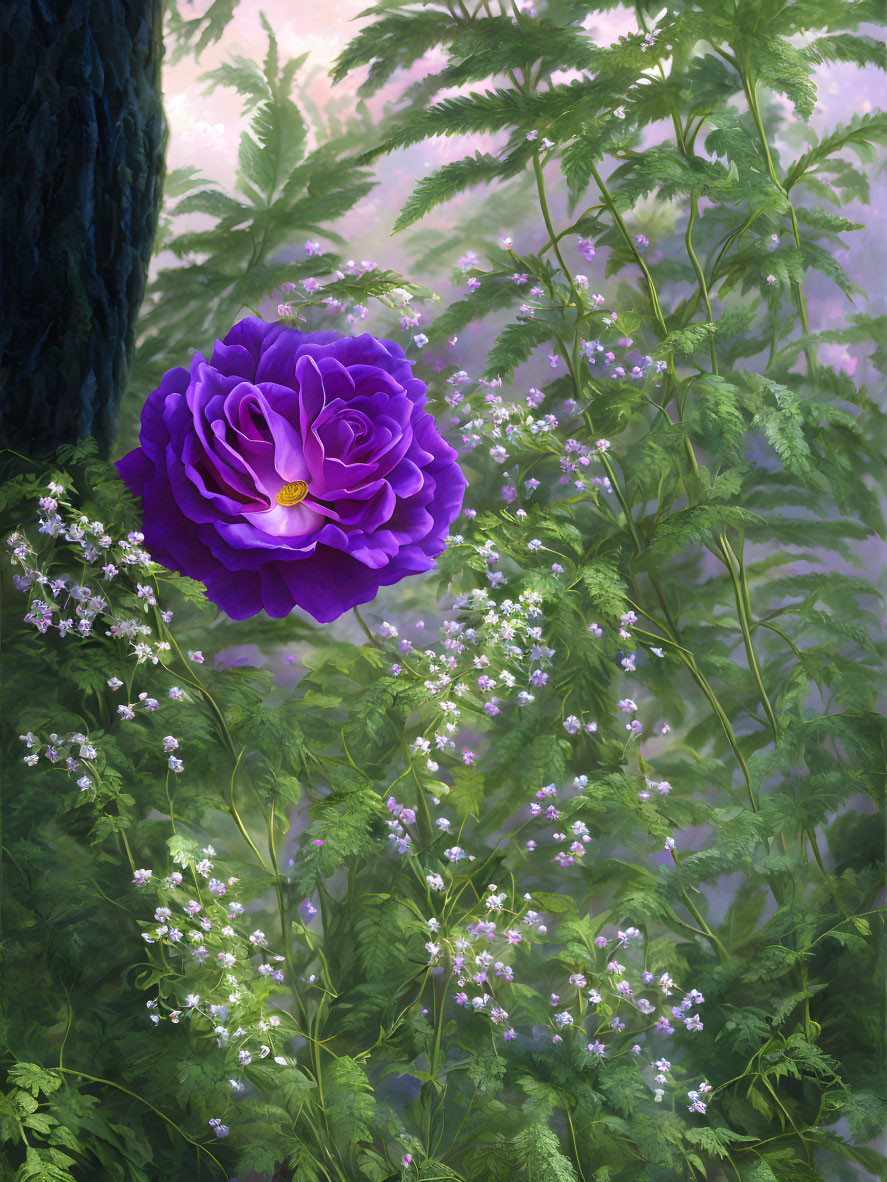 Purple Flower Among White Blooms and Ferns in Sunlit Forest