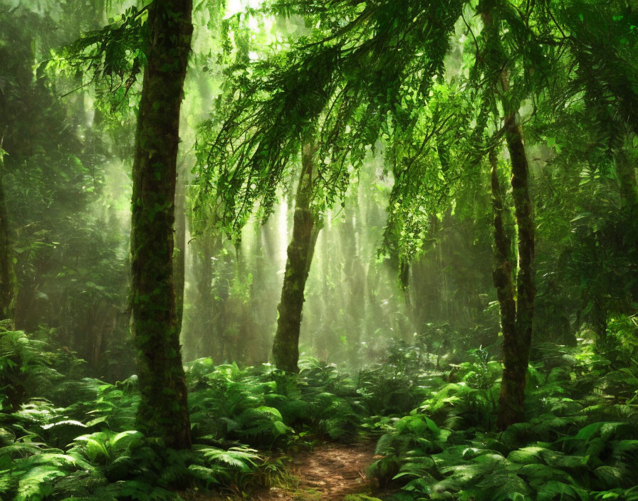 Lush Sunlit Forest with Path and Misty Atmosphere