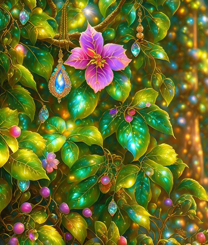 Colorful artwork featuring green foliage, pink flower, and jewel ornaments on glowing background