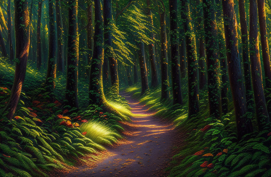 Tranquil Forest Path with Tall Trees and Sunlight Filtering Through Foliage