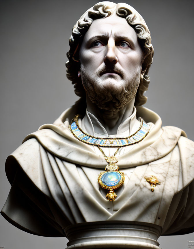 Detailed sculpture of man in toga with curly hair and necklace on grey background