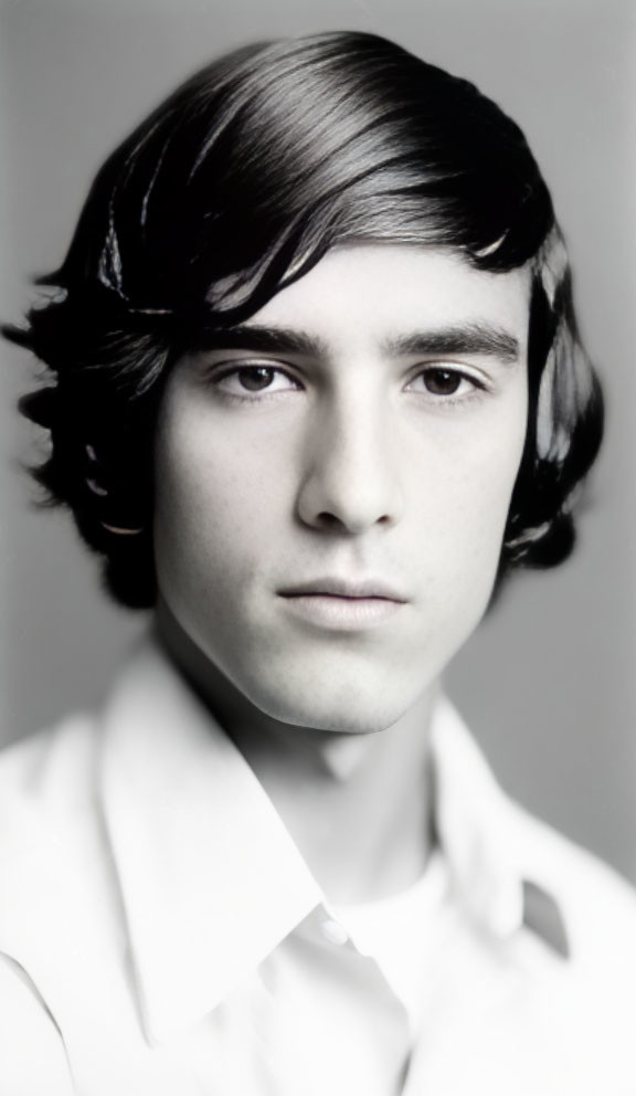 Young man with shoulder-length hair in monochrome portrait.