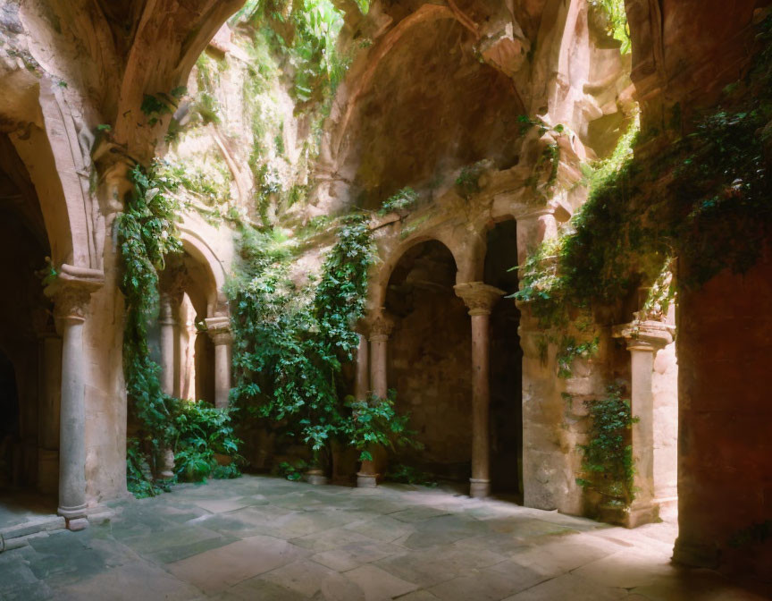 Sunlight illuminates overgrown cloister with arches and columns