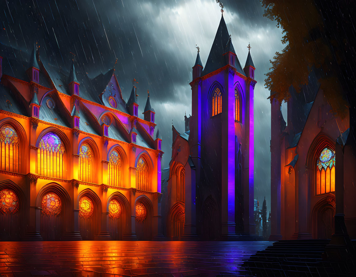 Gothic cathedral with warm lit stained glass windows in rainy sky