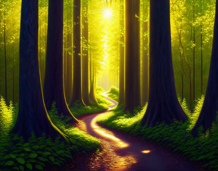 Scenic winding path in lush green forest with sunlight filtering through trees