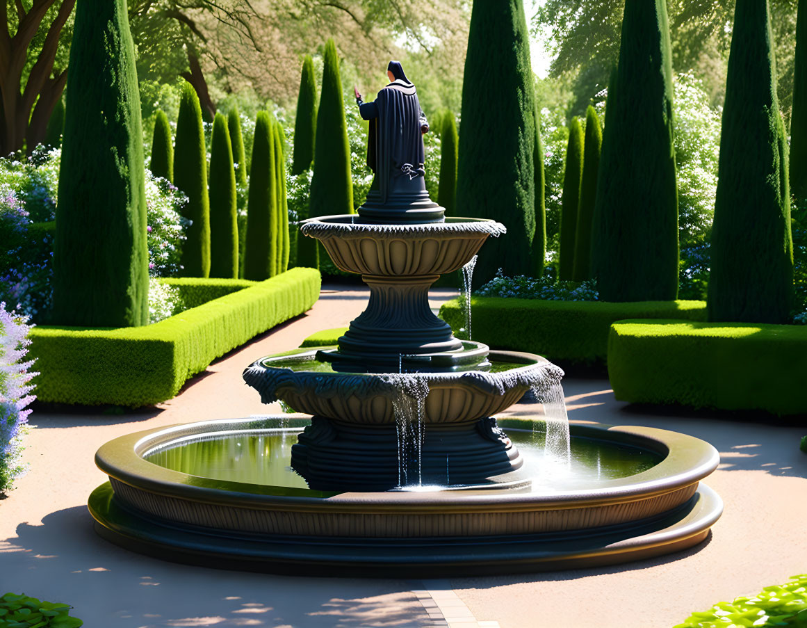 Tiered Fountain Surrounded by Hedge Pathways and Green Trees