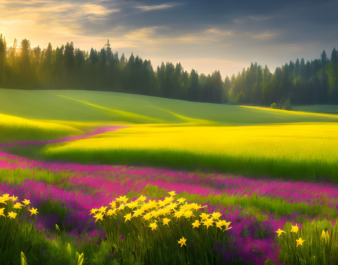 Vibrant sunset glow over serene meadow with yellow and purple flowers.