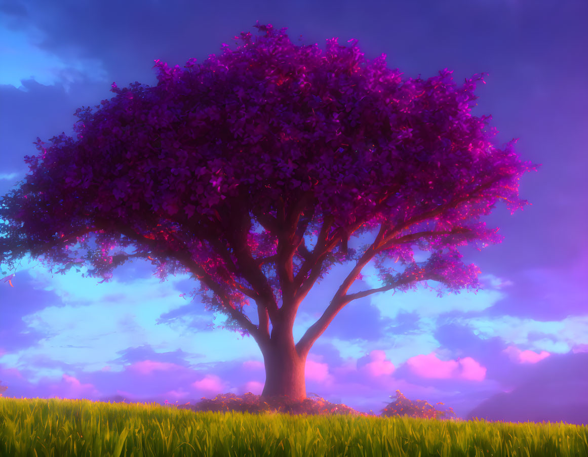 Vibrant purple tree under purple-tinted sunset sky in lush green field