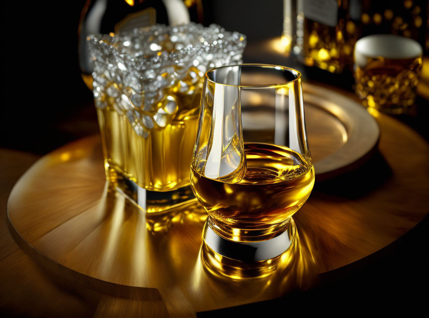 Golden-hued whiskey glass on wooden table with decanter and warm lighting