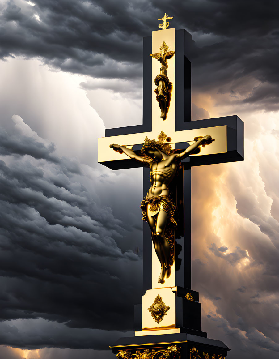 Crucifix with Jesus on ornate cross under dramatic sky