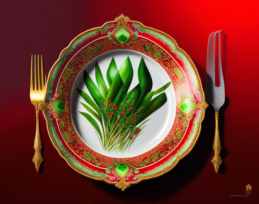 Decorative red and green plate with gold cutlery on red background