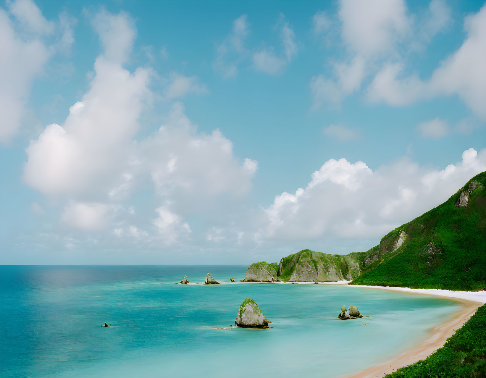 Tranquil Beach Scene with Turquoise Waters and Rocky Shoreline