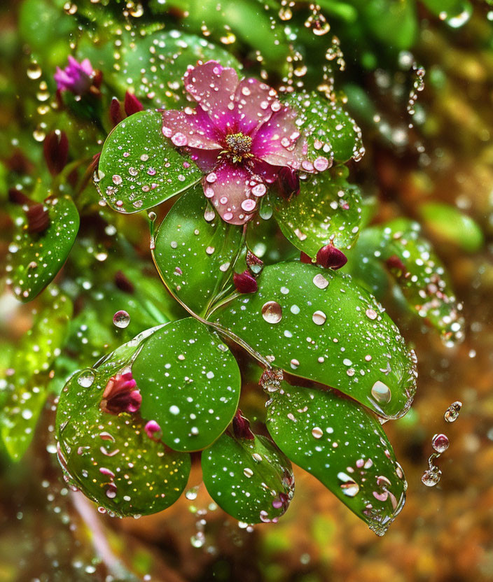 Pink Flower with Raindrops on Petals and Green Leaves in Nature