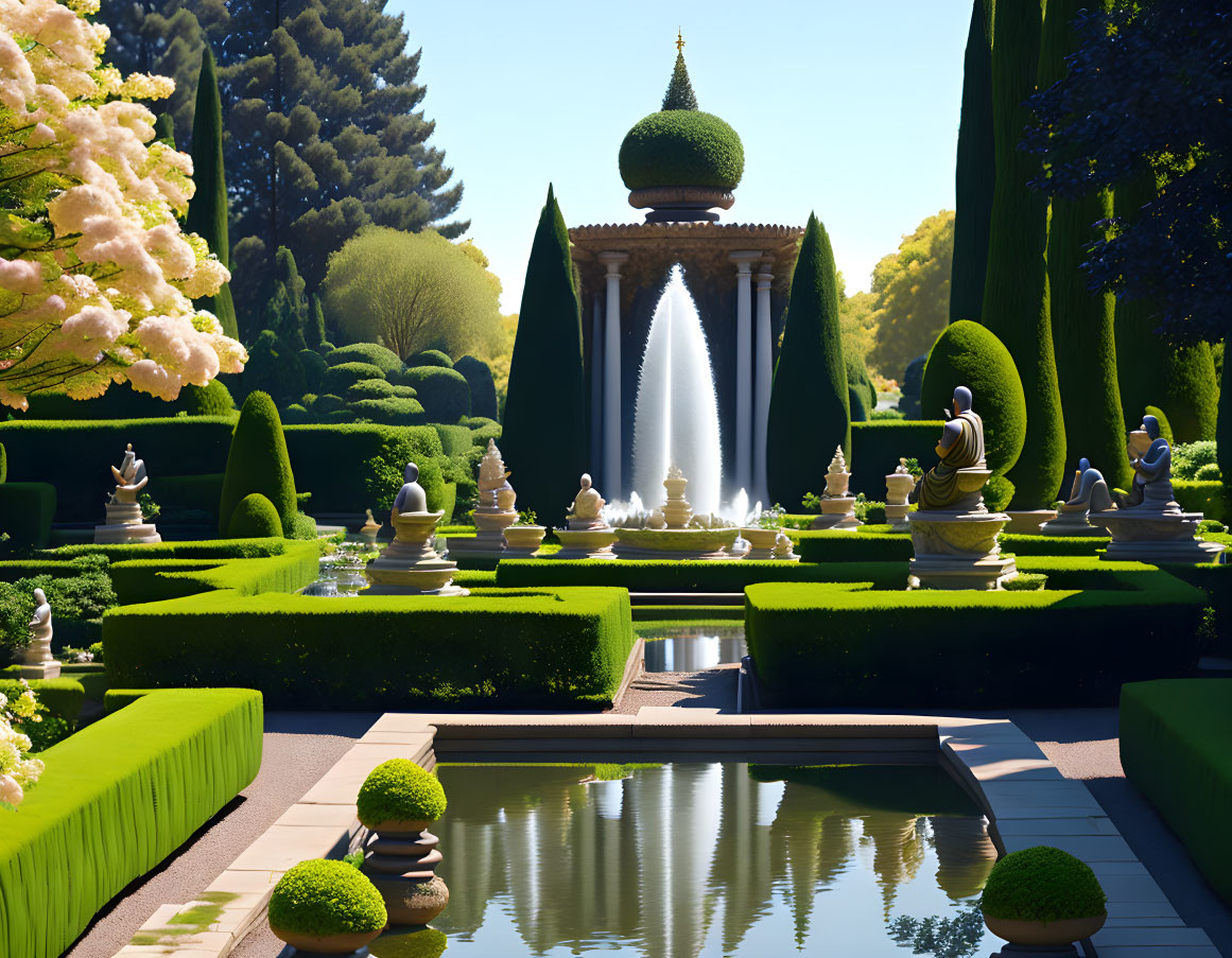 Manicured hedges, topiaries, fountain, statues, and pond in formal garden