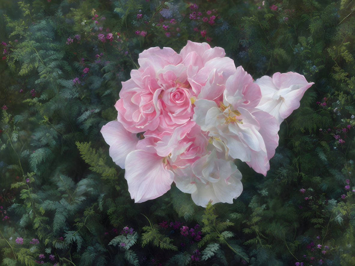 Pink and White Flowers with Green Foliage and Purple Wildflowers