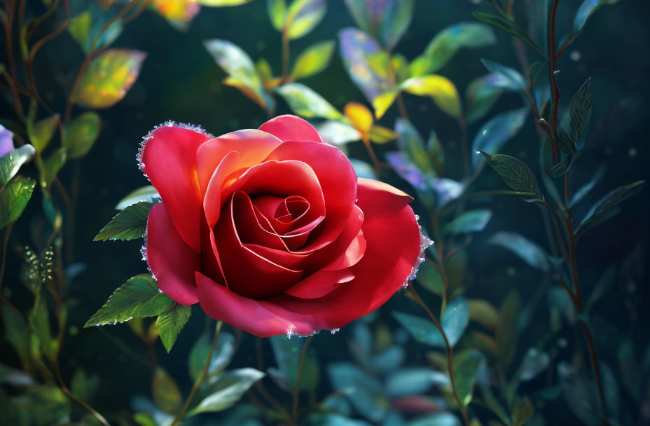 Vibrant red rose with dew drops in mystical garden