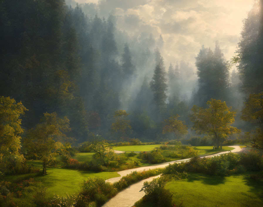 Tranquil nature scene with sunlight in misty woods