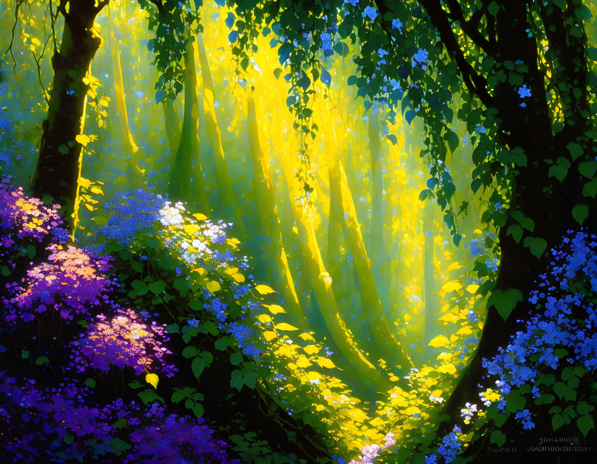 Digital Artwork: Enchanting Forest with Sunbeams and Purple Flowers