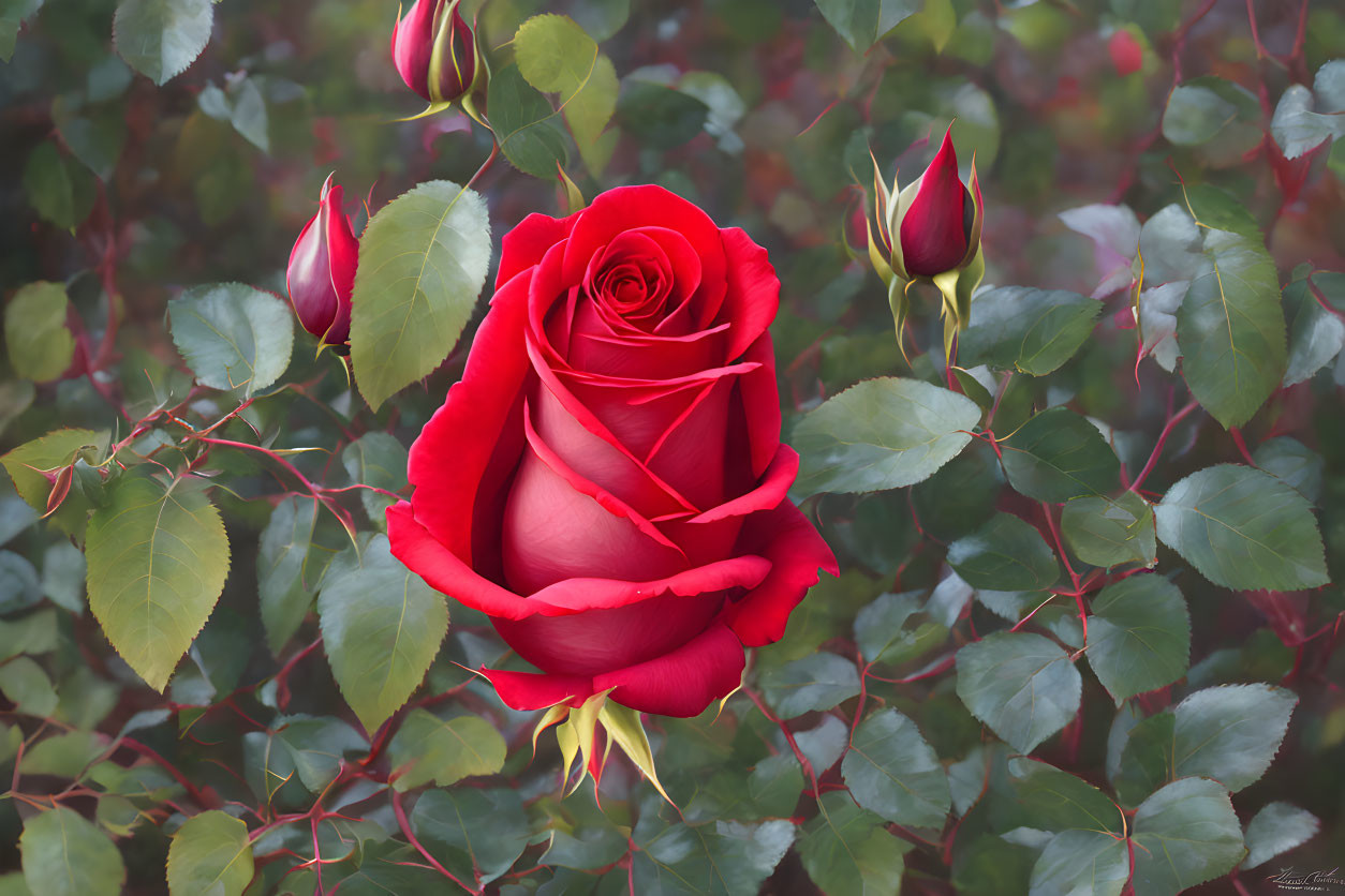 Vibrant red rose in full bloom with green leaves and rosebuds