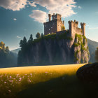 Majestic castle on cliff with purple flowers in sunlight