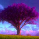 Vibrant purple tree under purple-tinted sunset sky in lush green field