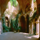 Sunlight illuminates overgrown cloister with arches and columns