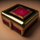 Gold Trim Red Accent Jewelry Box with Emblem on Silky Beige Fabric