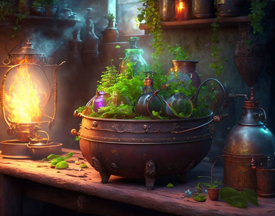 Mystical potion brewing in cauldron with ingredients and alembics