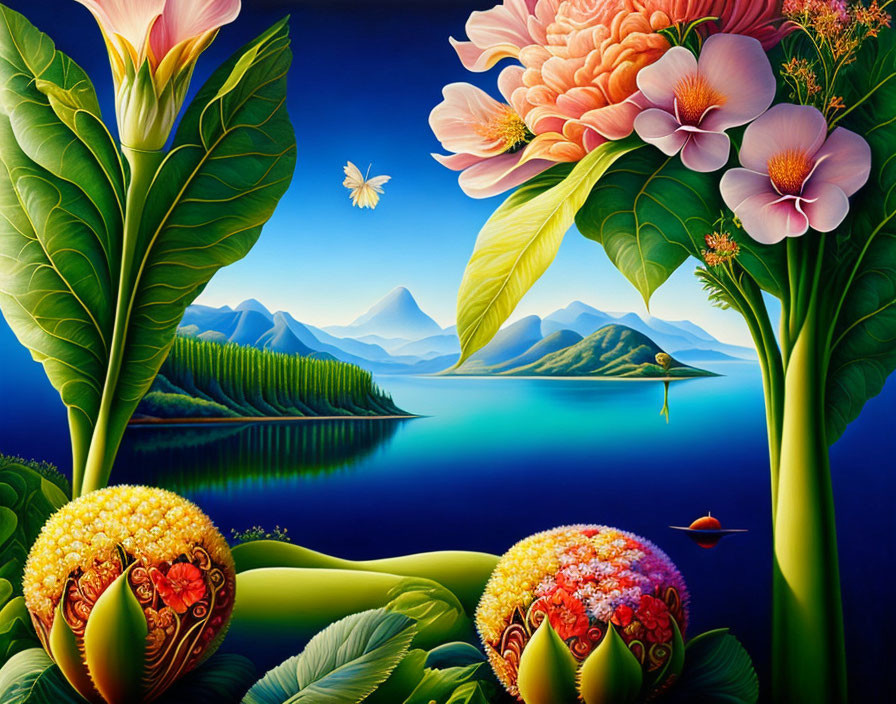 Surreal landscape with flowers, lake, mountains, boat & starry sky