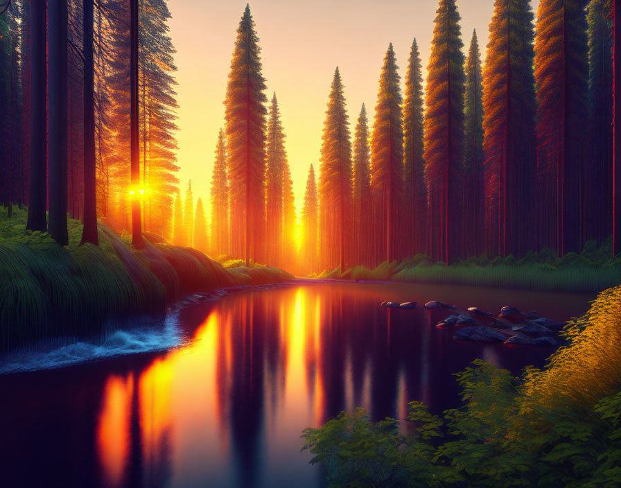 Tranquil sunset over dense forest, river, wildflowers, rocks