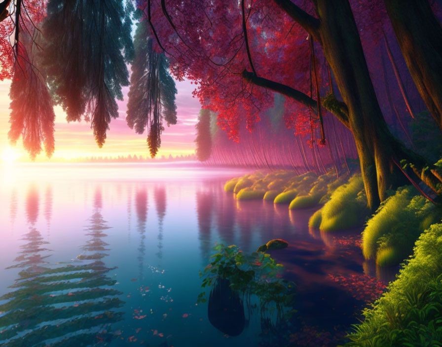 Tranquil sunset scene with pink blossomed trees reflecting in a serene lake