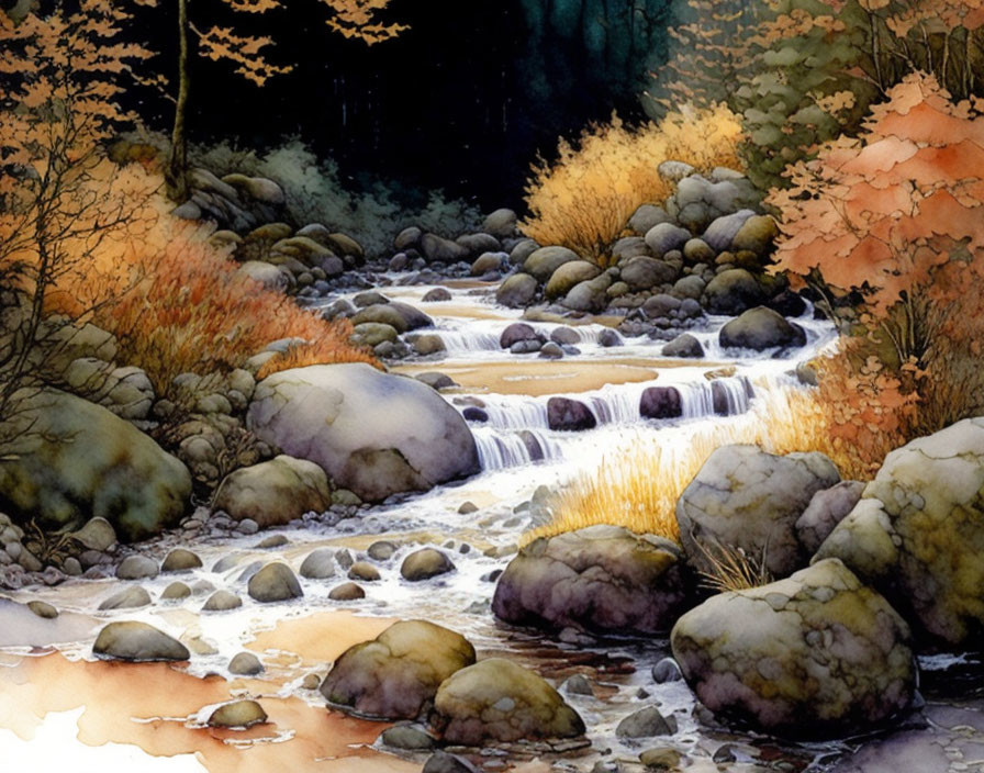 Tranquil watercolor painting of serene stream in autumn.