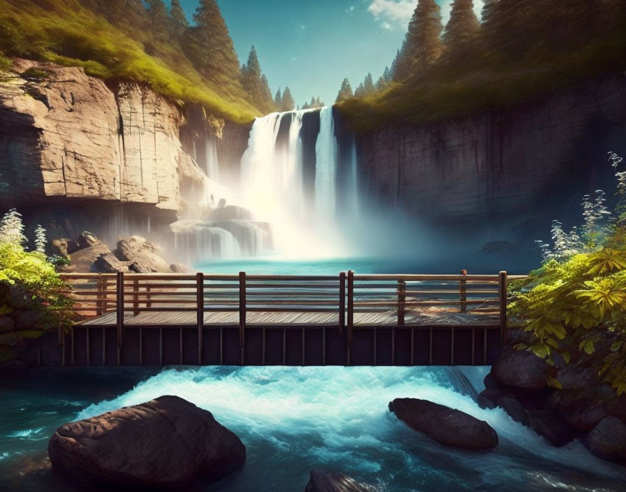 Tranquil waterfall scene with footbridge and lush greenery