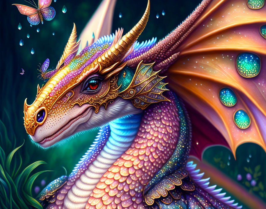 Colorful dragon with jeweled headpiece in magical forest scene