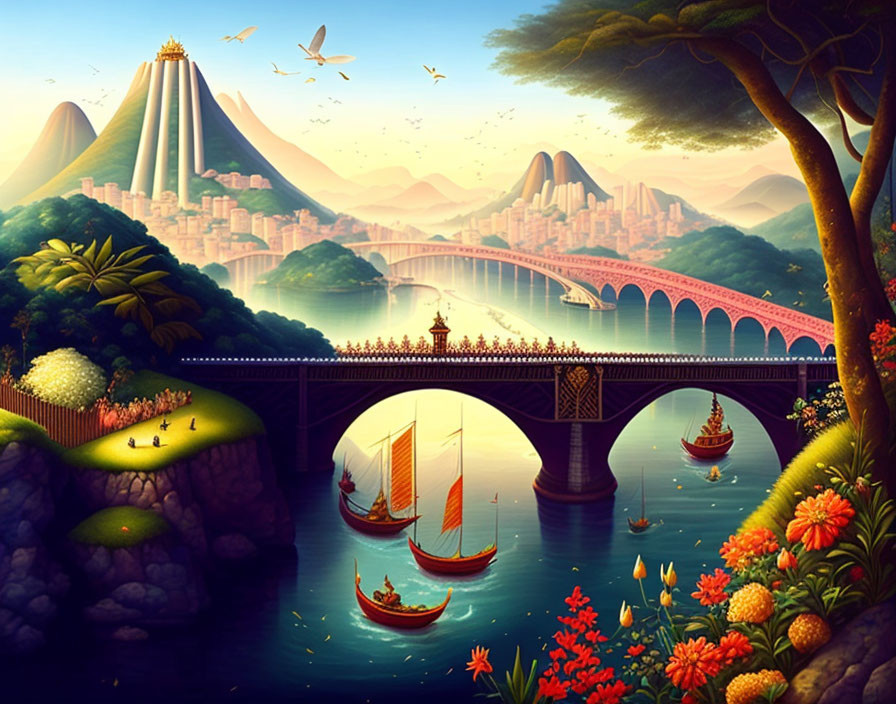 Vibrant landscape with bridge, river, boats, flora, cityscape, and mountains