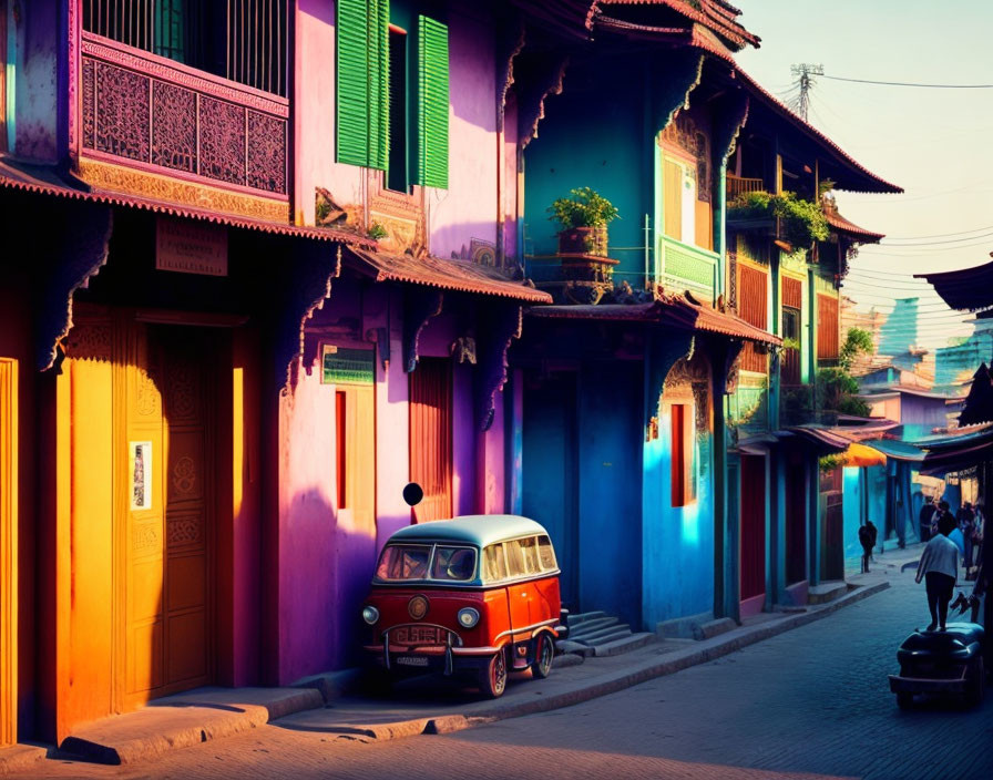 Vibrant sunset scene with traditional houses, vintage van, and pedestrians.