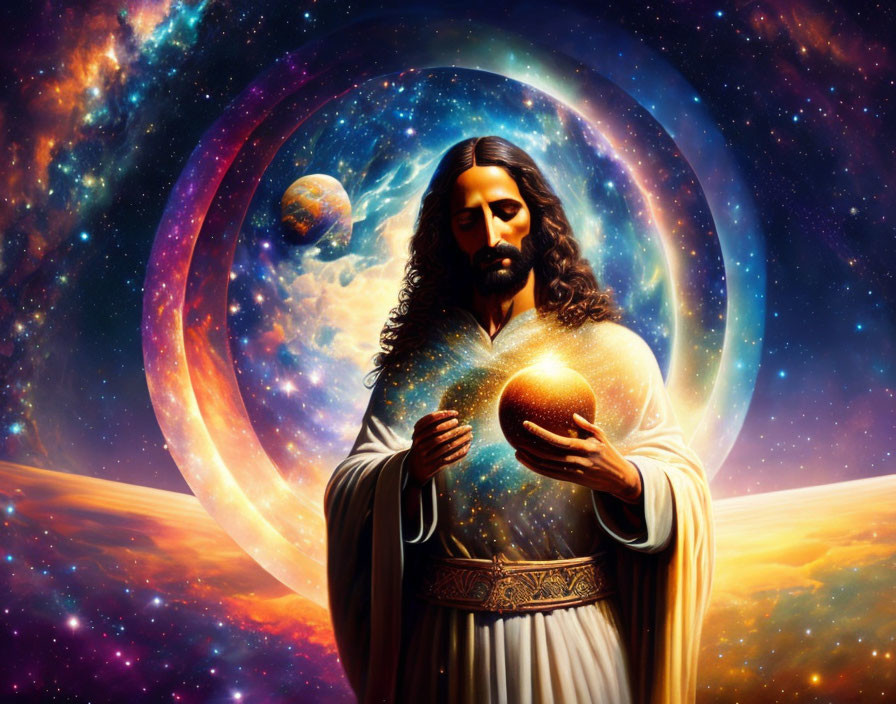 Cosmic Jesus-like figure with glowing orb in vibrant artwork