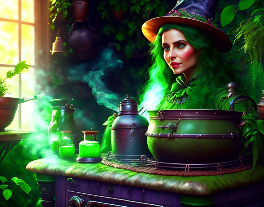 Green-haired woman stirring potion in cauldron with mystical smoke and kitchenware