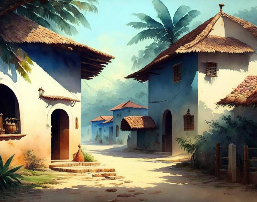 Tranquil village scene with traditional houses and lush trees