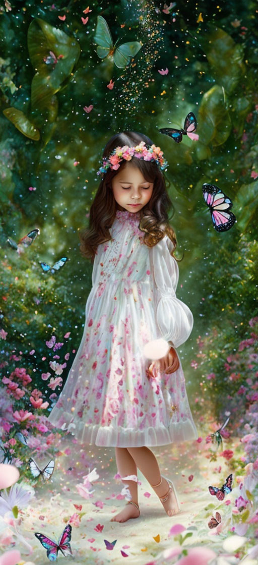 Young girl with butterflies in enchanted forest setting