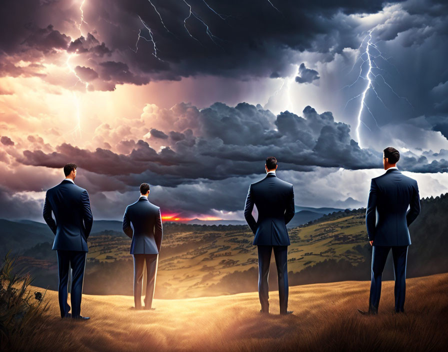 Businessmen in suits observing stormy sky with lightning bolts