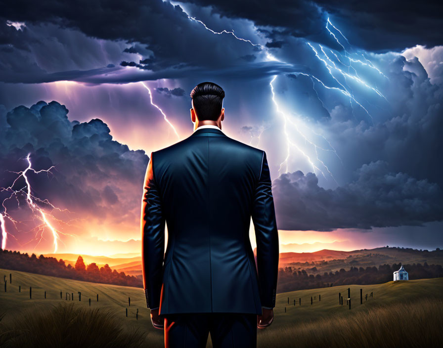 Man in suit faces storm with lightning in rural landscape at sunset