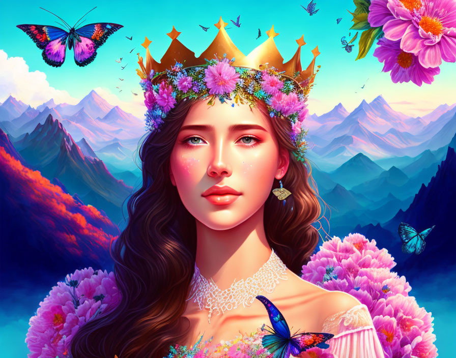 Illustrated woman with flower crown and gold, mountains and butterflies.