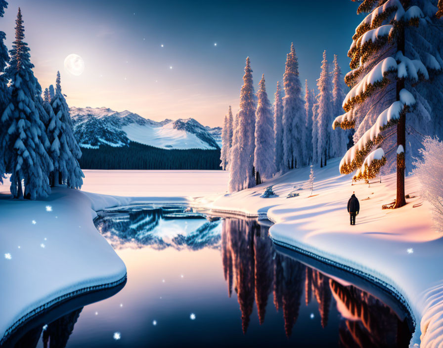 Snowy lakeshore with person, pine trees, mountains, moonlit sky